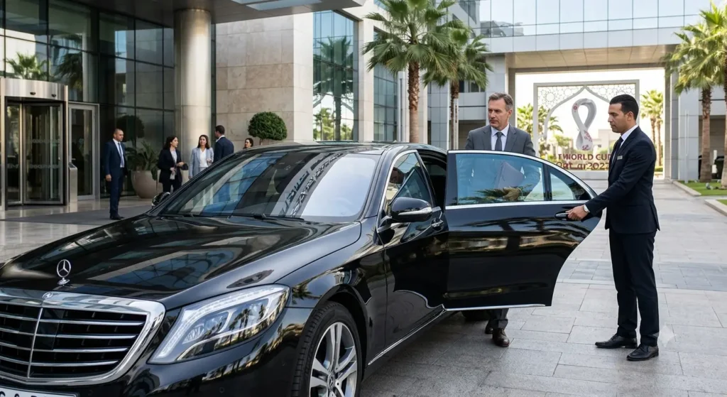 Exclusive Corporate Chauffeur Services in Morocco for World Cup 2026 Business Guests Black Mercedes-Benz S-Class luxury sedan with professional private driver holding the door open for a business executive at a corporate venue in Casablanca.