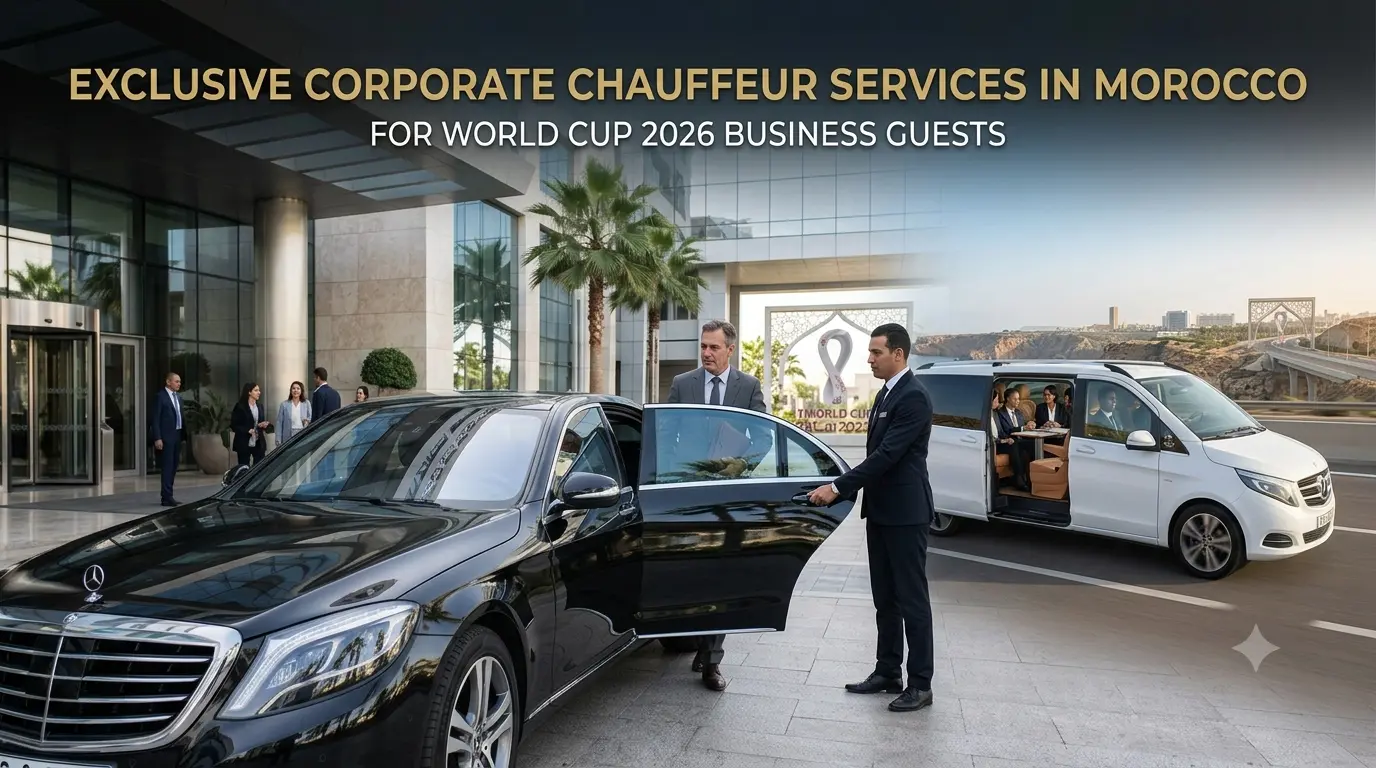 A composite feature image combining the elite professionalism of a corporate chauffeur service for high-end business guests. On the left, a uniformed chauffeur opens the door of a gleaming black Mercedes S-Class sedan at a modern Casablanca corporate venue. On the right, a white Mercedes V-Class luxury van drives along a scenic coastal highway near Rabat, with its sliding door open to reveal a meeting delegation seated around an interior conference table, complete with on-board Wi-Fi indicators. A stylized World Cup 2026 arch spans the distance. The overall image emphasizes luxury, productivity, and seamless travel for international corporate delegations in Morocco.