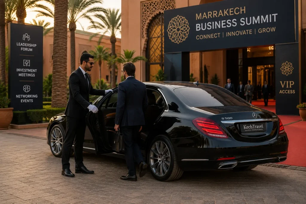 Black Mercedes-Benz S-Class luxury sedan with a professional chauffeur in a tailored dark suit opening the rear door for a corporate guest at a high-profile summit entrance in Marrakech.