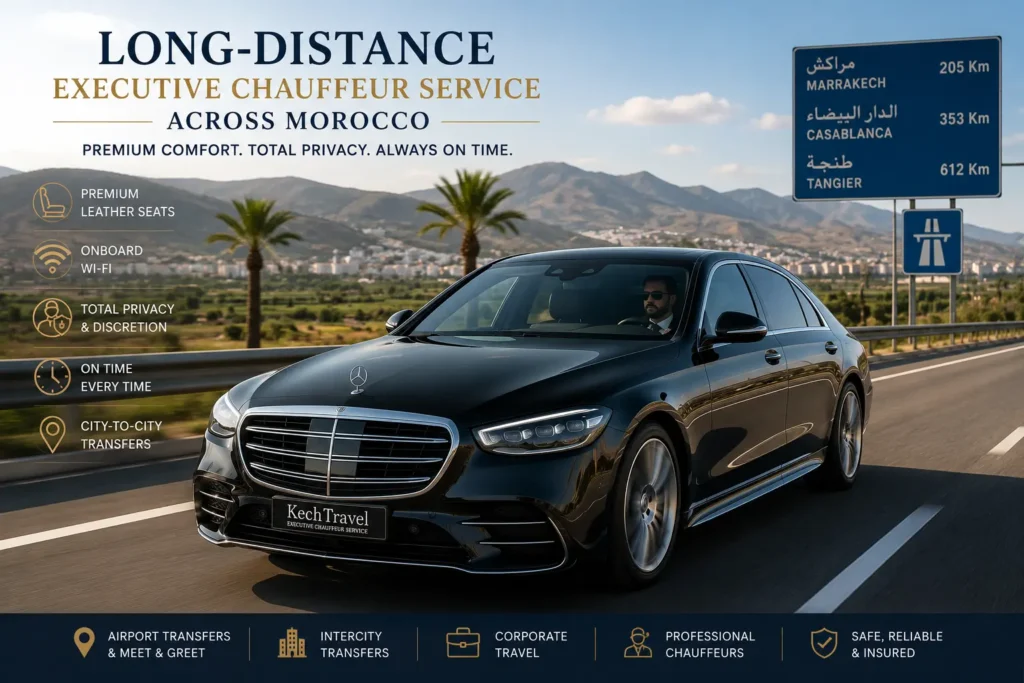Long-Distance VIP Chauffeur Service in Morocco: The Ultimate Comfort for Business Executives Black Mercedes-Benz S-Class luxury sedan cruising smoothly along a modern multi-lane highway corridor in Morocco, driven by a professional private chauffeur.