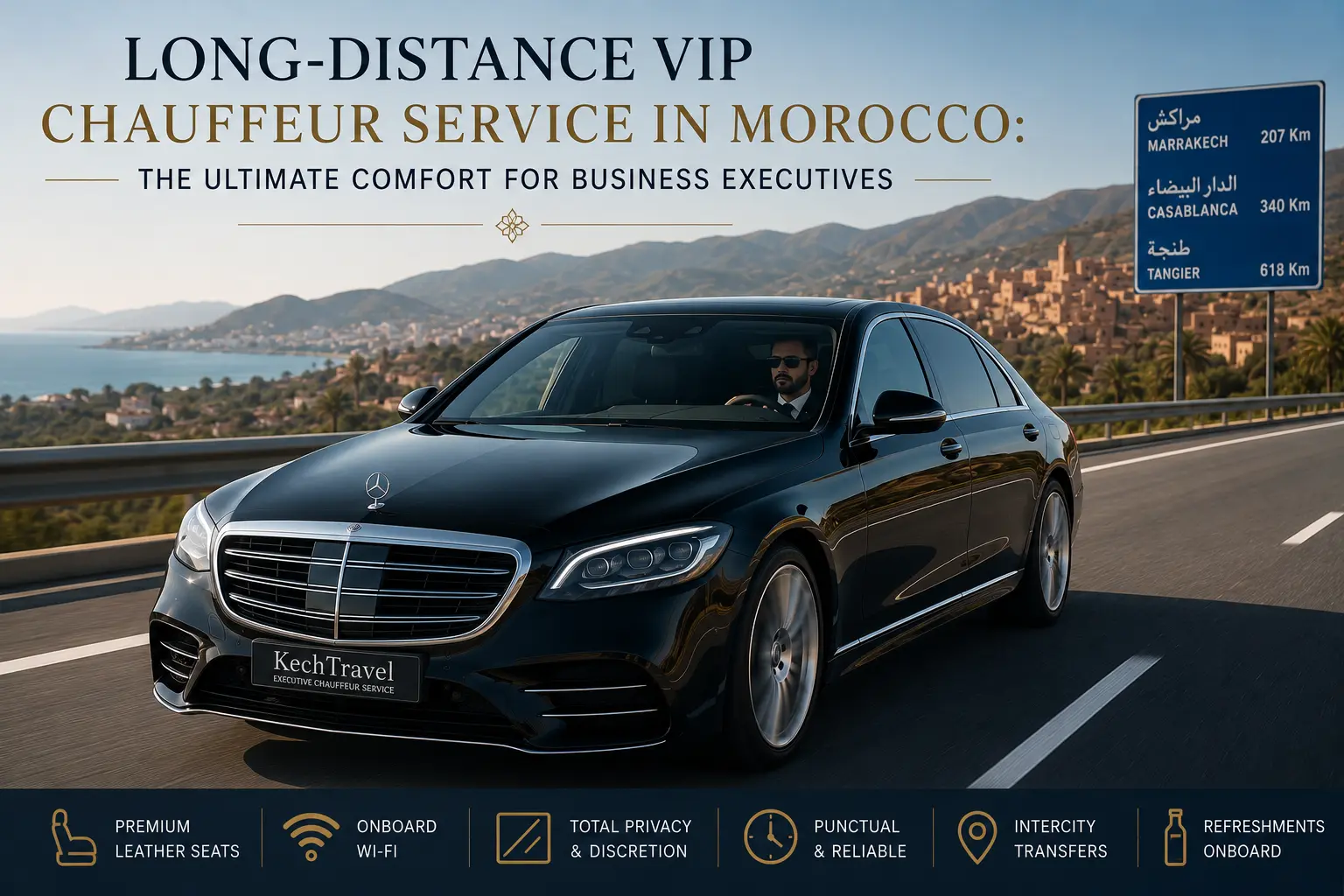 Black Mercedes-Benz S-Class with a professional chauffeur providing a luxury long-distance private transfer for business executives on a Moroccan highway.