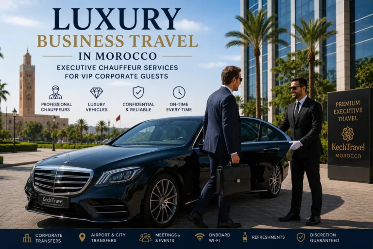 Professional chauffeur welcoming an international business executive beside a black Mercedes-Benz S-Class for luxury corporate travel in Morocco.