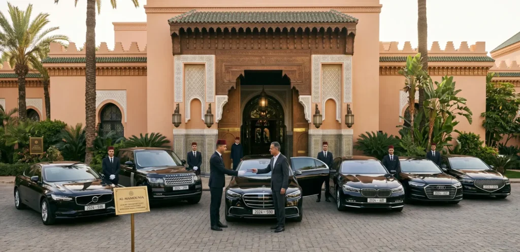 Luxury Chauffeur Service Morocco A neat row of pristine luxury executive vans and black sedans parked in front of a modern palace resort facade in Morocco.
