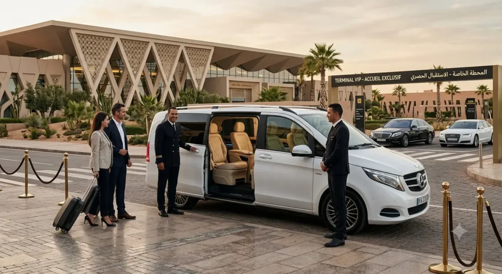 VIP Airport Transfers for World Cup 2026: Fast-Track & Luxury Fleet Guide Chauffeur-driven white Mercedes V-Class luxury van parked inside the premium VIP terminal pickup lane at Marrakech Menara Airport.