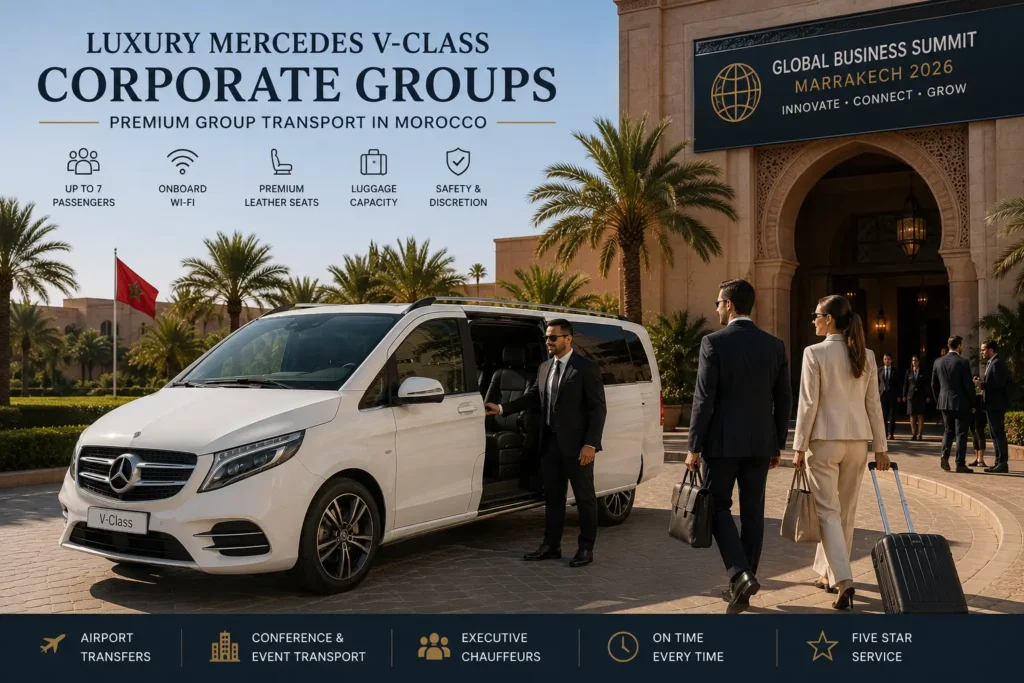 Pristine chauffeur-driven white Mercedes V-Class luxury van arriving at the grand palm-lined entrance of a five-star resort venue in Marrakech.