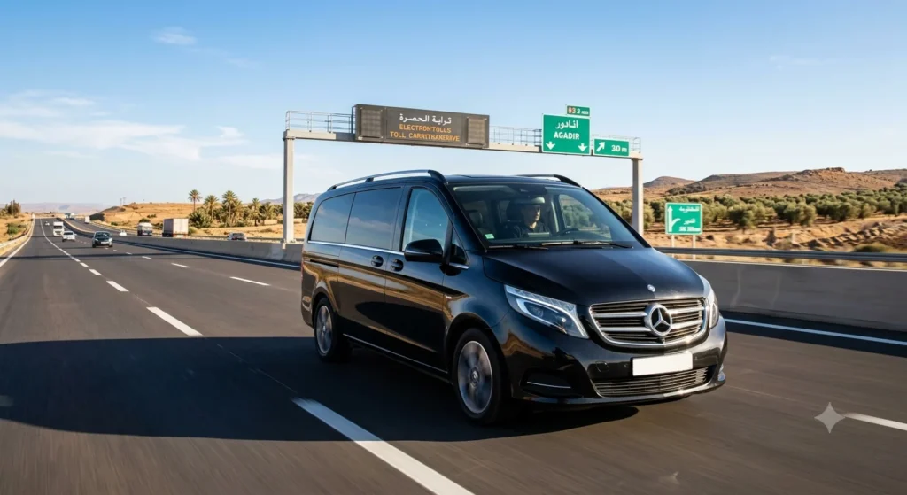 Marrakech to Agadir Private Transfer: Travel in Air-Conditioned Luxury Comfort Black Mercedes-Benz V-Class luxury van cruising smoothly along the modern, air-conditioned A7 highway between Marrakech and Agadir.