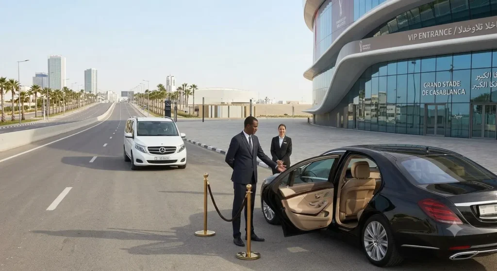 Chauffeur-driven Mercedes V-Class luxury van driving along the modern highway approach toward the Grand Stade de Casablanca.