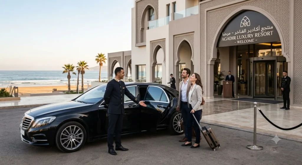 Marrakech to Agadir Private Transfer: Travel in Air-Conditioned Luxury Comfort Professional English-speaking private chauffeur opening the door of a premium luxury vehicle for international guests at a five-star beachfront hotel in Agadir.