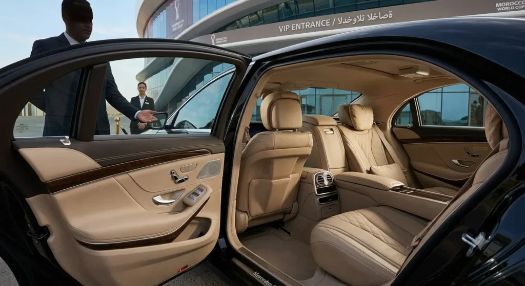 Black Mercedes S-Class luxury sedan with private chauffeur parked near premium VIP entrance of a Morocco World Cup stadium.
