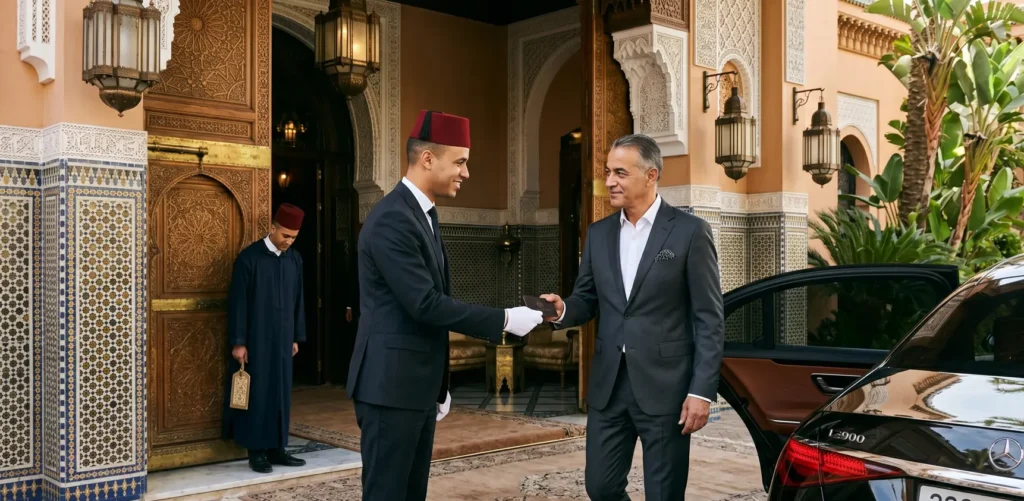 Luxury Chauffeur Service Morocco A professional multilingual chauffeur in a tailored business suit welcoming luxury travelers at the airport arrival terminal curbside in Morocco.