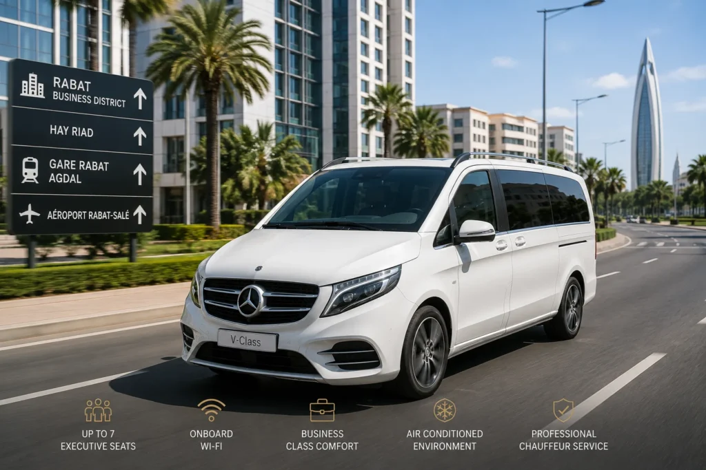 Luxury Business Travel in Morocco: Executive Chauffeur Services for VIP Corporate Guests Chauffeur-driven white Mercedes V-Class luxury van driving along a modern metropolitan corporate corridor near Rabat.
