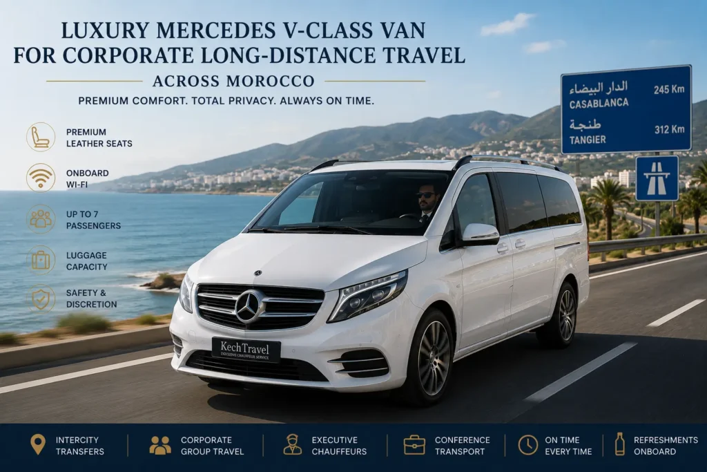 Long-Distance VIP Chauffeur Service in Morocco: The Ultimate Comfort for Business Executives Chauffeur-driven white Mercedes V-Class luxury van driving along a pristine coastal highway corridor between Casablanca and Tangier.