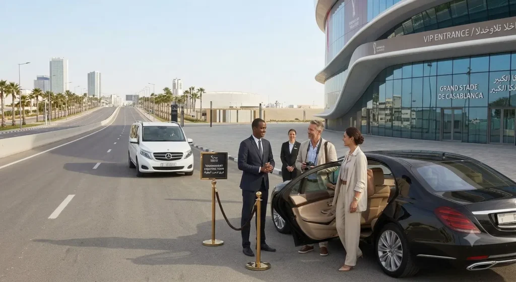 Professional English-speaking private driver in a tailored suit opening the door of a luxury van for international travelers in Marrakech.
