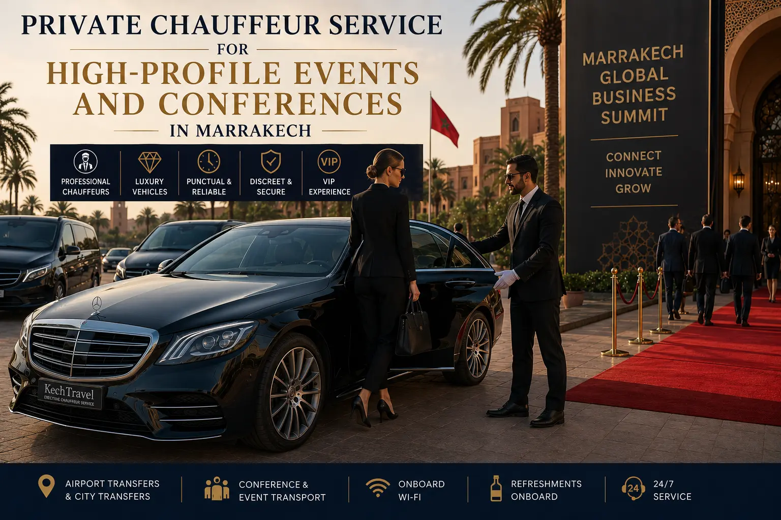 Professional chauffeur opening the door of a luxury Mercedes-Benz S-Class for VIP business guests arriving at a conference venue in Marrakech.