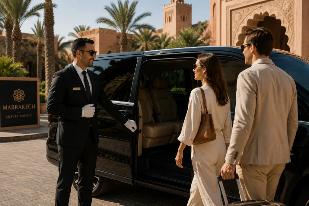 Escape the Marrakech Heat: Best Luxury Day Trips to Ouzoud Waterfalls and Ourika Valley Professional English-speaking private driver in a tailored suit welcoming VIP guests into a pristine luxury vehicle in Marrakech.