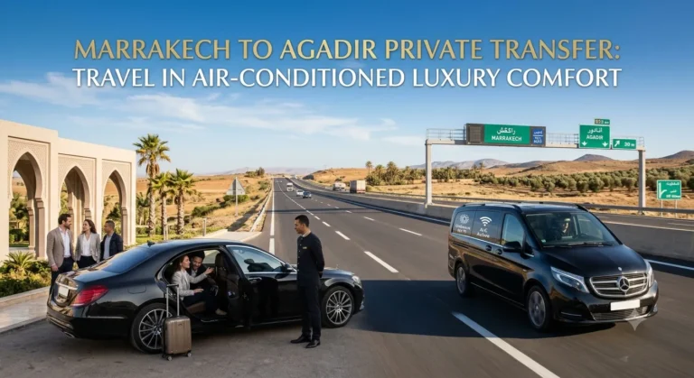 Marrakech to Agadir Private Transfer: Travel in Air-Conditioned Luxury Comfort A composite feature image illustrating premium private travel between Marrakech and Agadir, Morocco. On the left, a well-dressed couple relaxes in the open rear seat of an S-Class sedan at a resort entrance with decorative arches and palm trees. A uniformed chauffeur assists other guests nearby. On the right, a V-Class luxury van drives along the modern A7 toll highway, showing an internal A/C icon. Highway signs indicate Marrakech and Agadir with distances. The overall image emphasizes extensive service, fleet variety, and flawless intercity comfort.