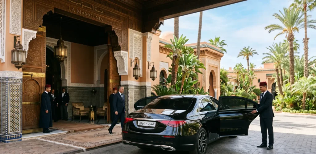 Luxury Chauffeur Service Morocco A immaculate black Mercedes-Benz S-Class executive sedan parked outside a luxury five-star resort in Morocco with a professional chauffeur awaiting clients.