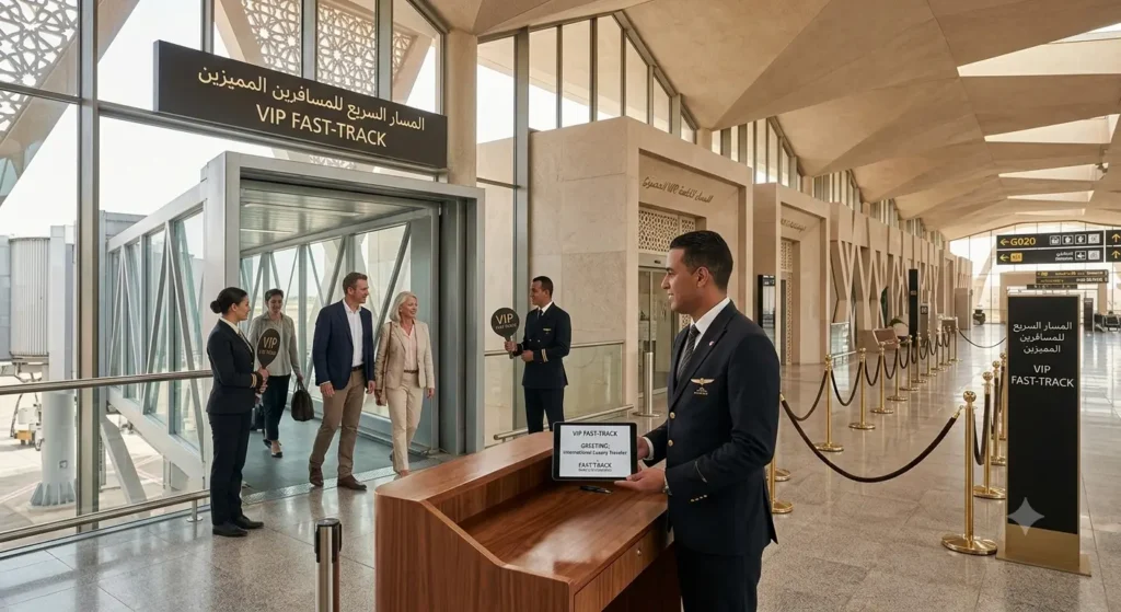 VIP Airport Transfers for World Cup 2026: Fast-Track & Luxury Fleet Guide Premium airport concierge greeting international luxury travelers at the jet bridge entrance with personalized signage.