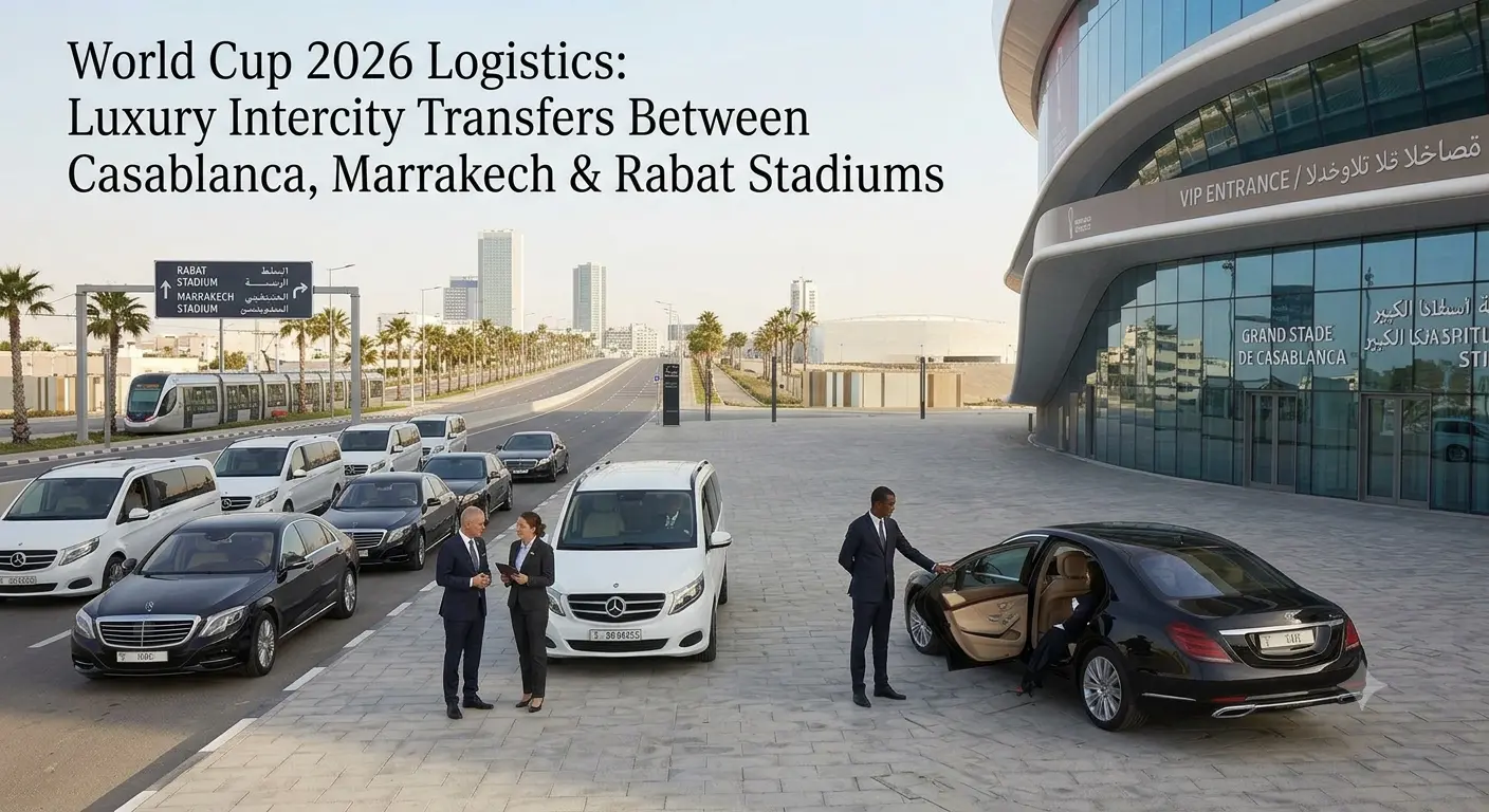 A convoy of white Mercedes V-Class vans and black S-Class sedans parked at the Grand Stade de Casablanca VIP entrance, illustrating World Cup 2026 logistics for luxury intercity transfers between Marrakech and Rabat. Chauffeurs assist passengers with open doors.