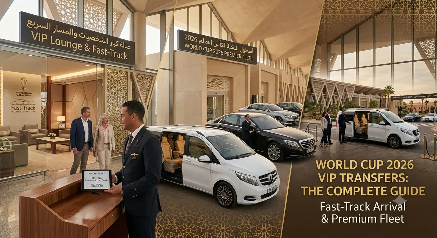 A composite SEO feature image divided into three sections, showcasing a uniformed greeter with a personalized iPad and travelers in a modern terminal (left), a premium fleet of white V-Class vans and black S-Class sedans (center), and a dedicated VIP pickup bay with stanchions and signage for Rabat and Marrakech (right). The central focus includes an image of a tan leather Mercedes S-Class interior. Integrated text and World Cup 2026 branding emphasize luxury and efficiency.