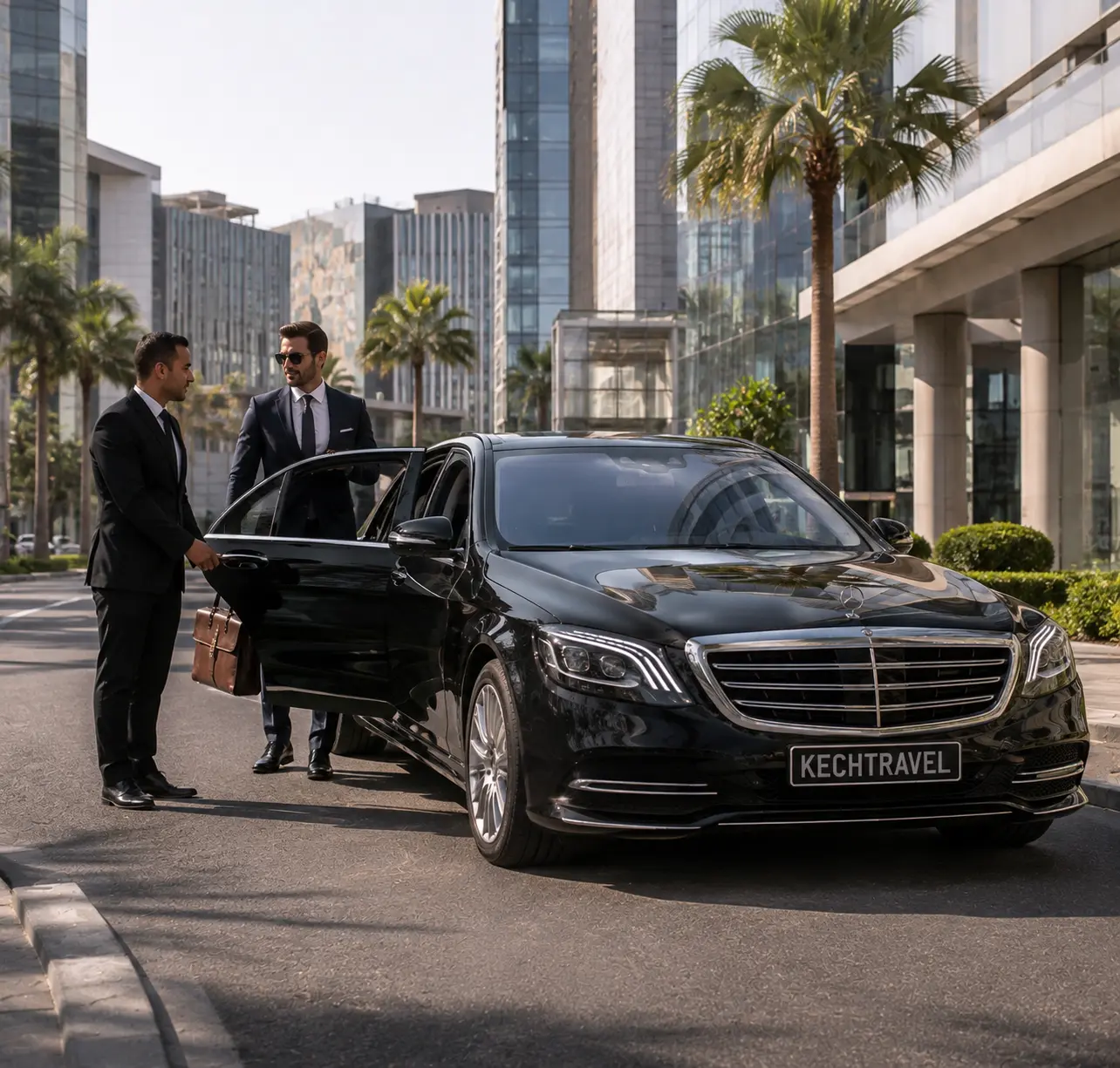 Professional chauffeur welcoming an international business executive beside a luxury Mercedes-Benz S-Class in Casablanca Finance City, Morocco.