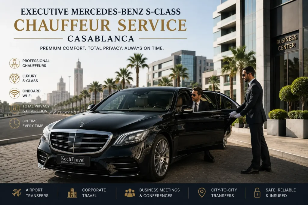 Why Booking a Private Chauffeur for Your Business Trip to Casablanca is Essential Black Mercedes-Benz S-Class luxury sedan with a professional chauffeur in a tailored dark suit opening the rear door for a business executive in Casablanca.