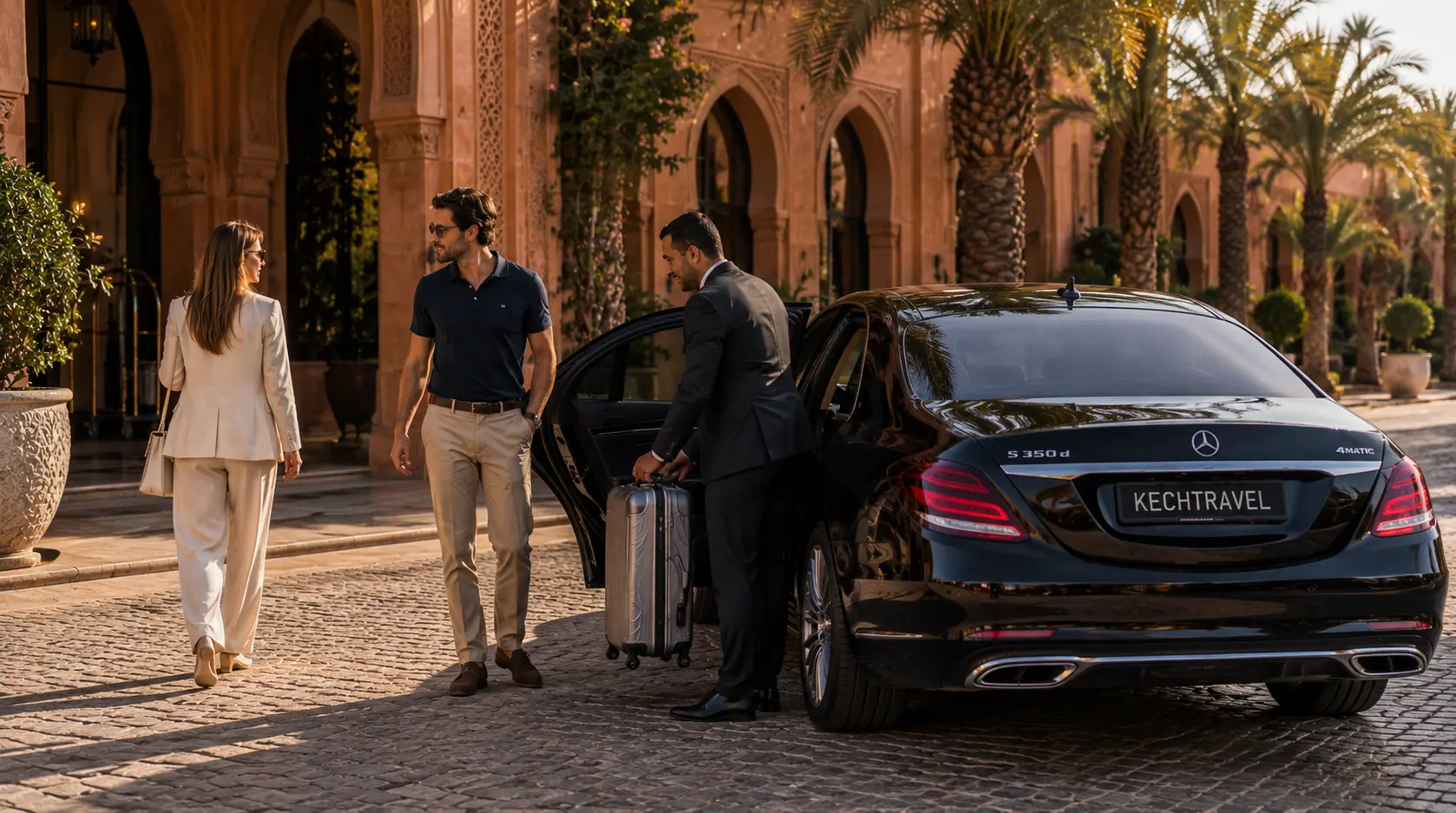 Couple arriving at a Marrakech hotel with Mercedes-Benz S-Class and chauffeur