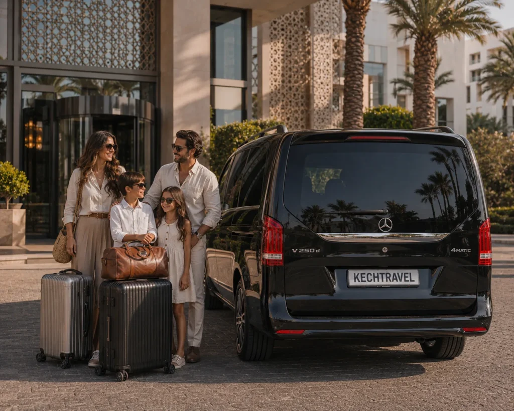 Private Transfer Casablanca to Marrakech Family traveling from Casablanca to Marrakech in a black Mercedes V-Class