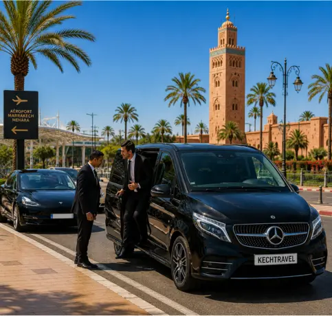 Professional chauffeur welcoming a VIP traveler beside a luxury Mercedes-Benz V-Class at Marrakech Menara Airport with the Koutoubia Mosque in the background.