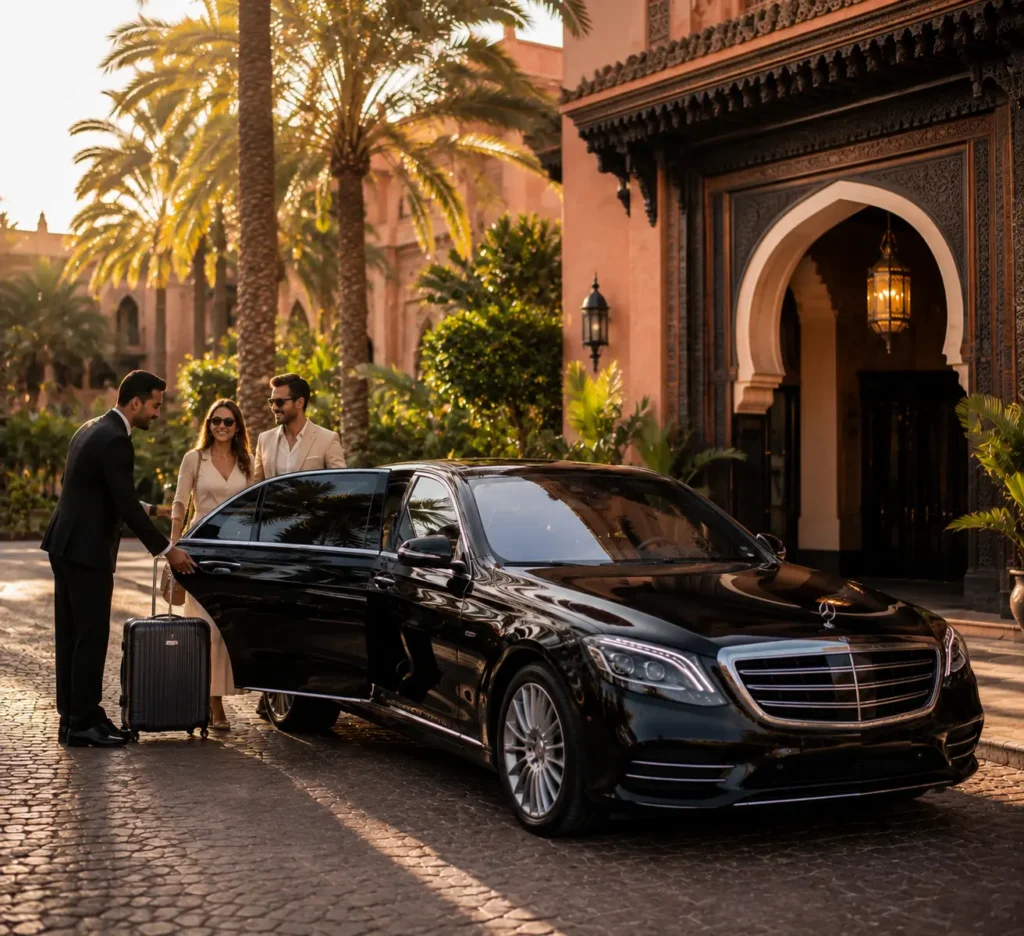 Luxury Mercedes chauffeur arriving at La Mamounia Marrakech hotel