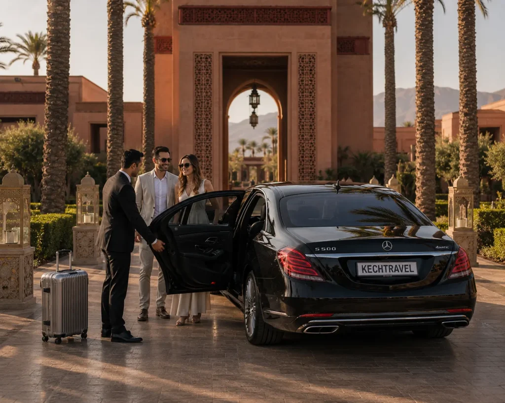 Marrakech Airport to The Oberoi Marrakech Private Transfer Luxury Mercedes arriving at The Oberoi Marrakech after a private airport transfer