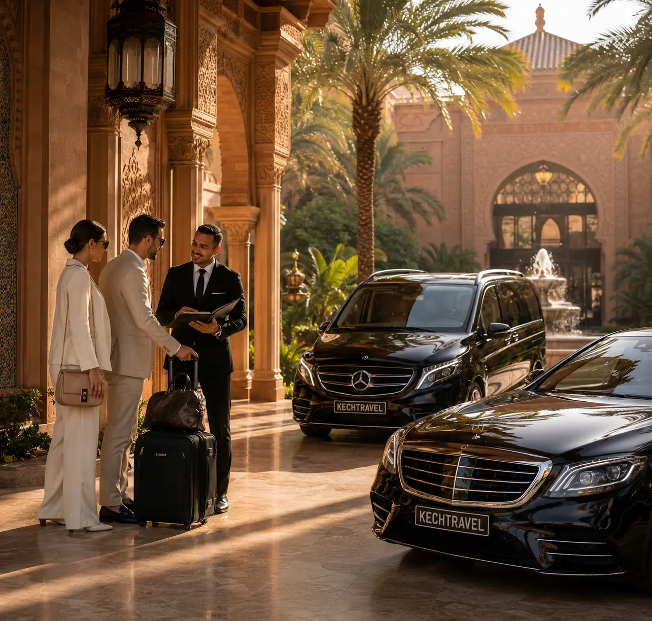 Luxury concierge welcoming VIP guests at a five-star hotel in Marrakech beside a Mercedes-Benz S-Class and V-Class with personalized travel assistance.