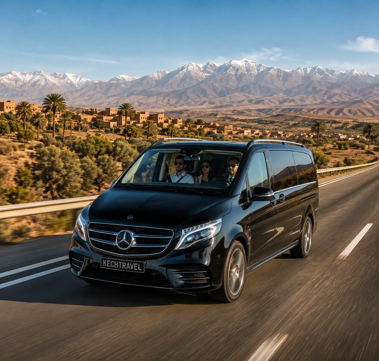 Luxury Mercedes-Benz V-Class driving through Morocco with a professional chauffeur during a private intercity transfer between Marrakech, Casablanca, Agadir, Rabat, Fes, and Tangier.