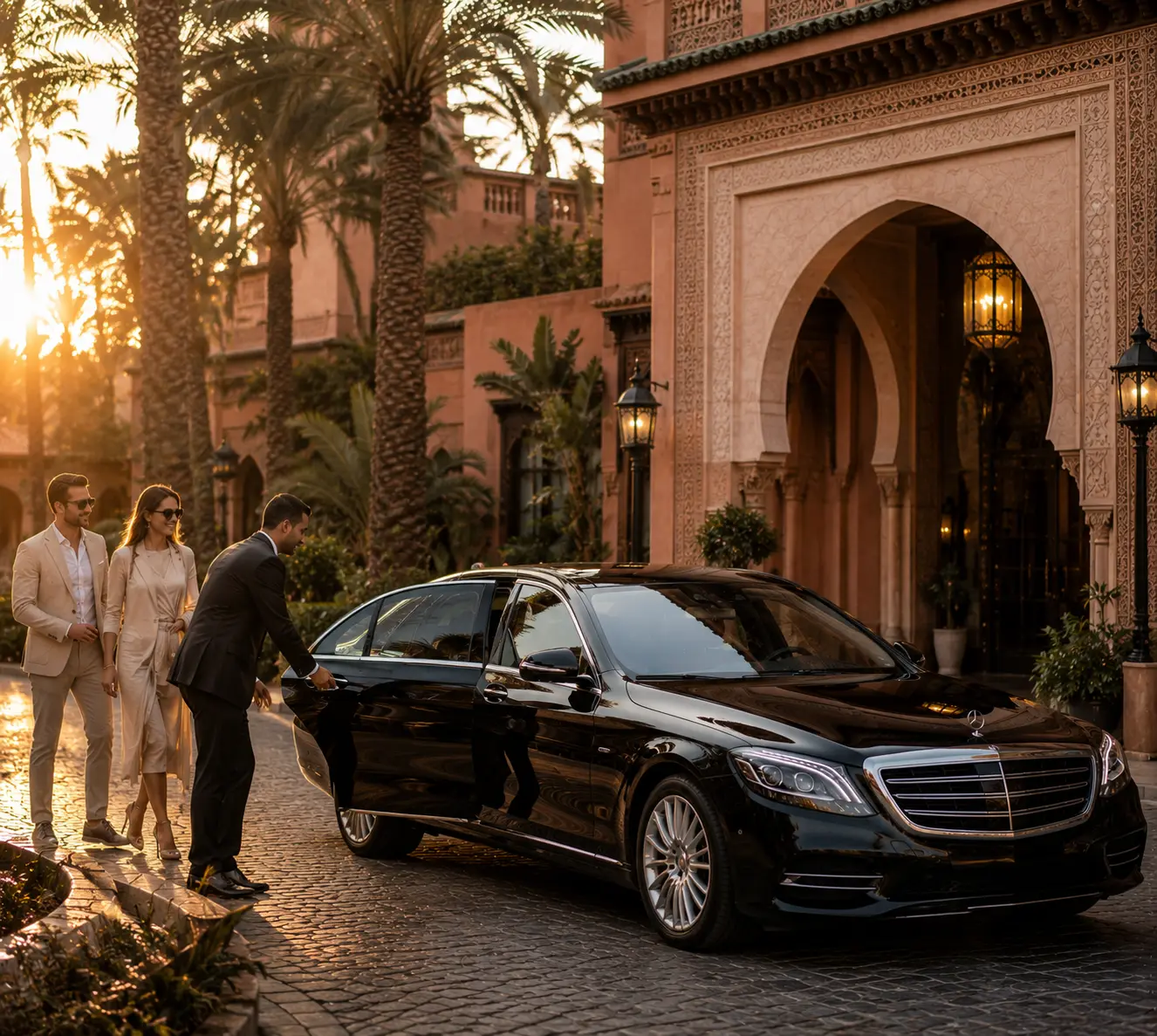 Luxury Mercedes S-Class airport transfer arriving at La Mamounia Marrakech