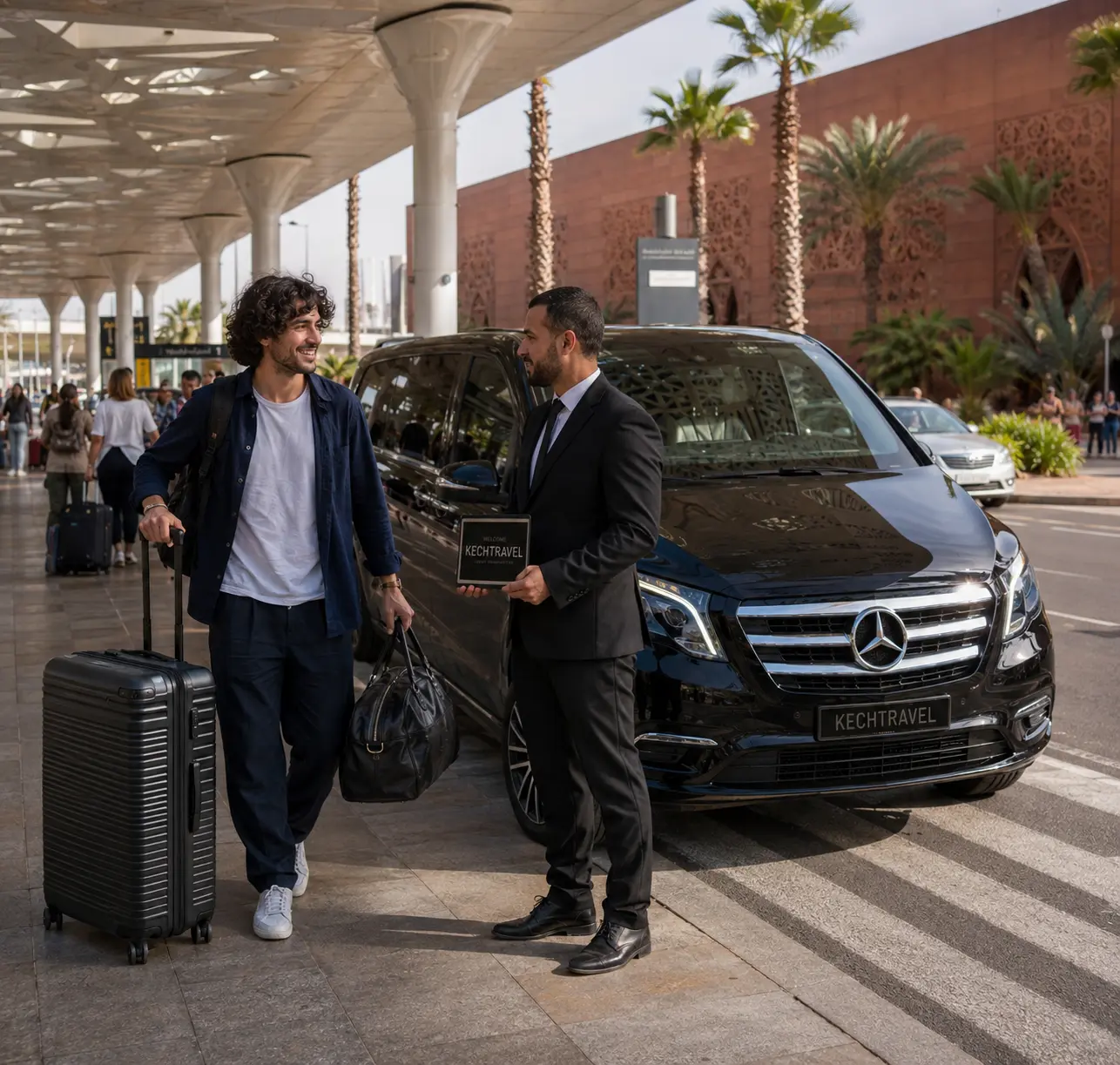 Traveler meeting a chauffeur after arriving at Marrakech airport