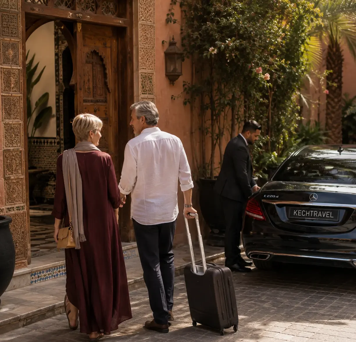 Couple arriving at a Marrakech riad with private chauffeur