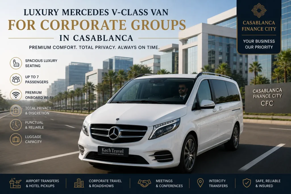 Why Booking a Private Chauffeur for Your Business Trip to Casablanca is Essential Pristine chauffeur-driven white Mercedes V-Class luxury van driving along a modern architectural corporate boulevard in Casablanca Finance City.