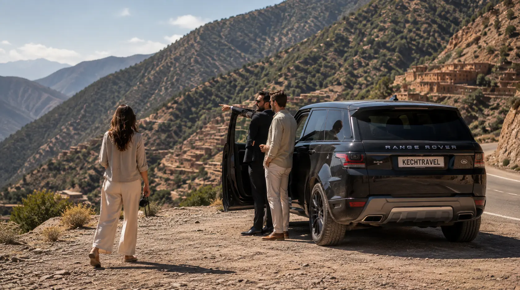 Premium SUV with travelers and chauffeur in the Atlas Mountains