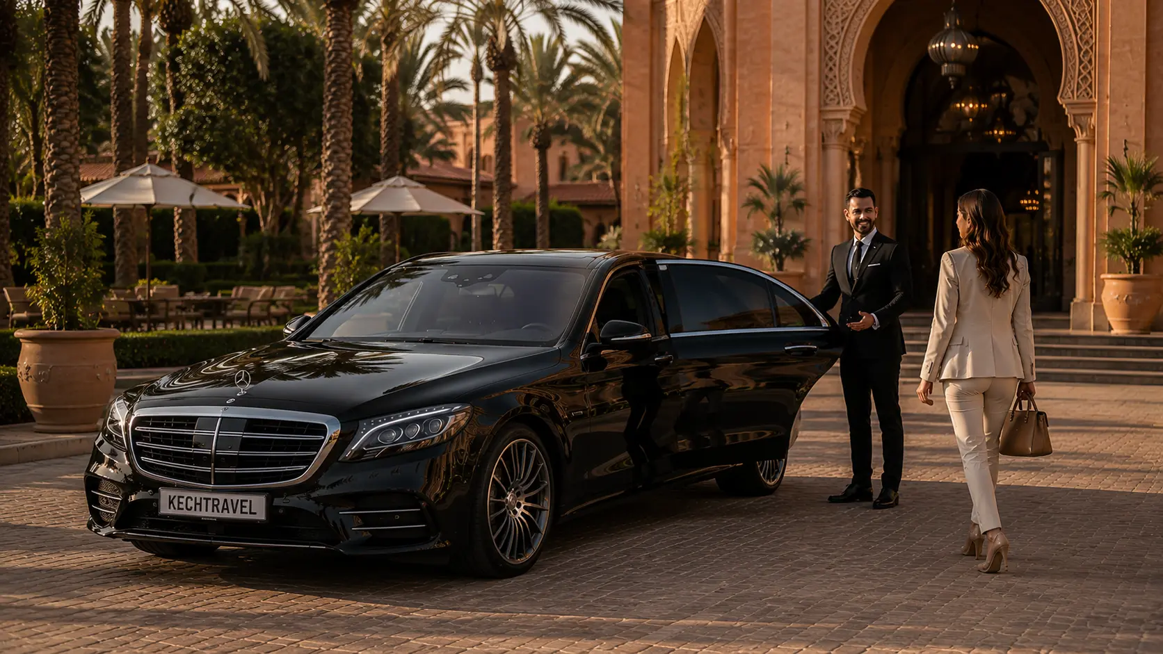 Private Transfer Private chauffeur in Marrakech with black Mercedes S-Class and client