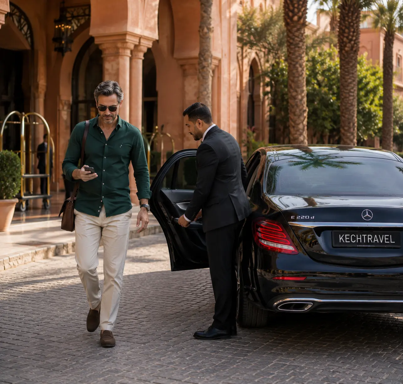 Business traveler leaving a Marrakech hotel with private chauffeur