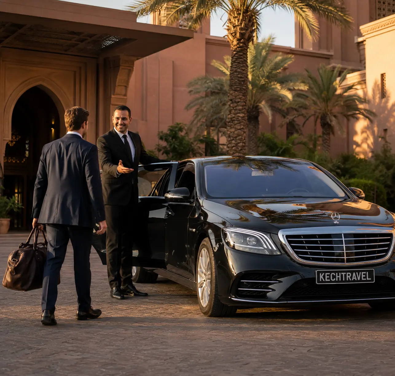 Professional private chauffeur welcoming a VIP traveler beside a luxury Mercedes-Benz V-Class in Marrakech with the Koutoubia Mosque in the background.