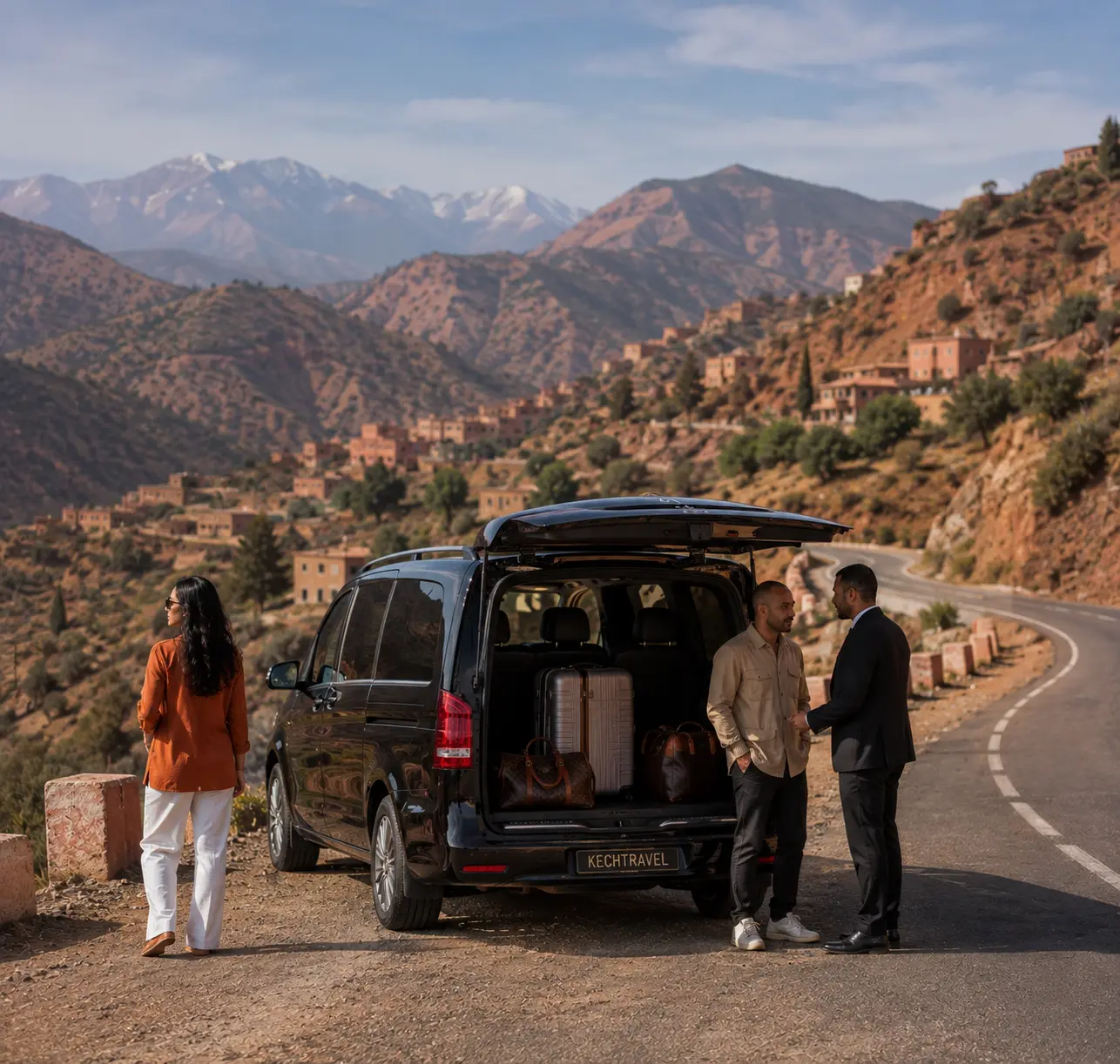 Couple traveling with chauffeur on a private Morocco road trip