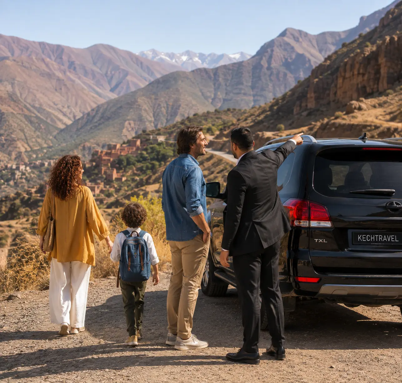 Family exploring the Atlas Mountains with a private chauffeur from Marrakech