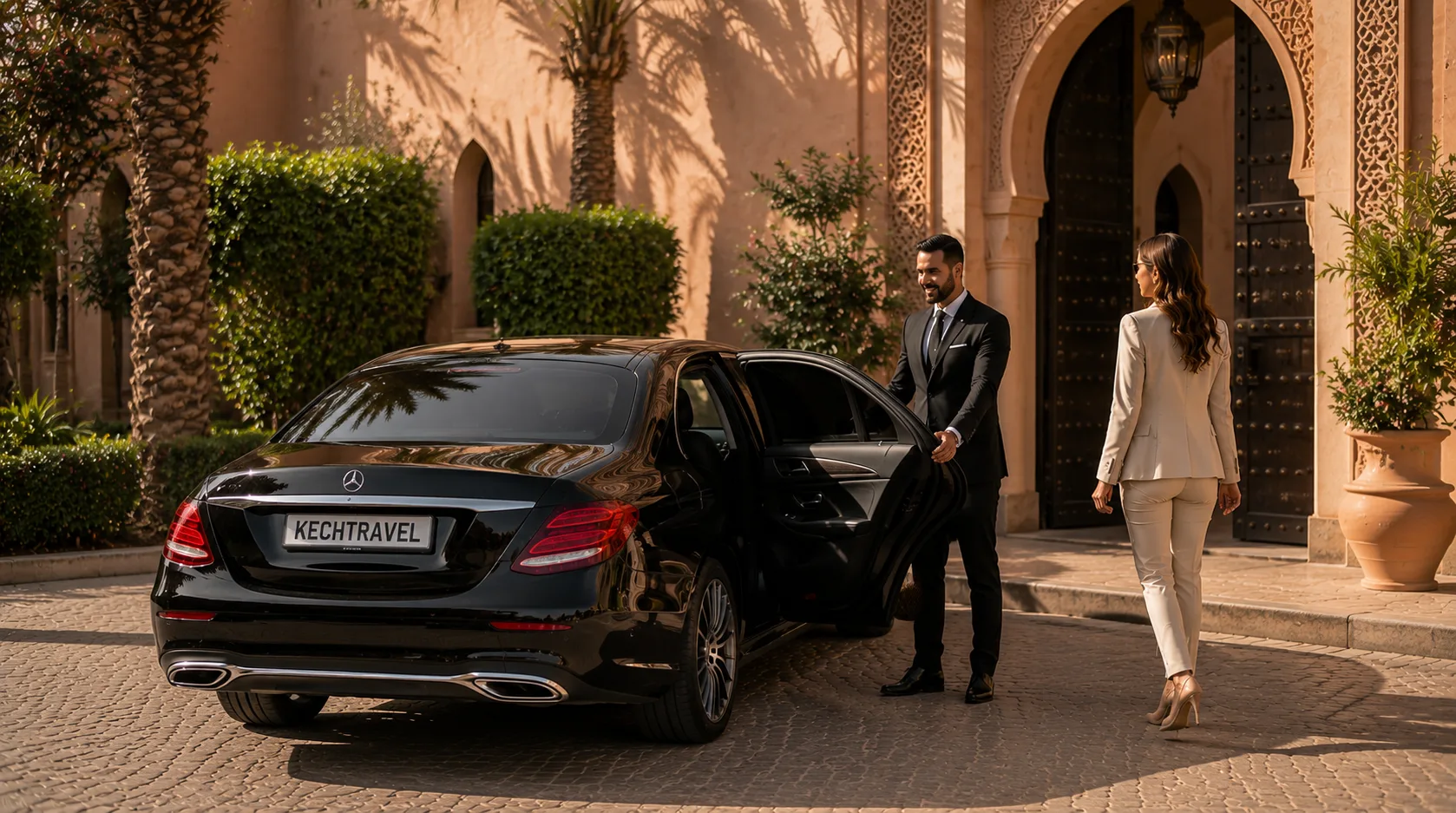 Private Transfer Professional chauffeur with black Mercedes providing door-to-door private transfer in Marrakech