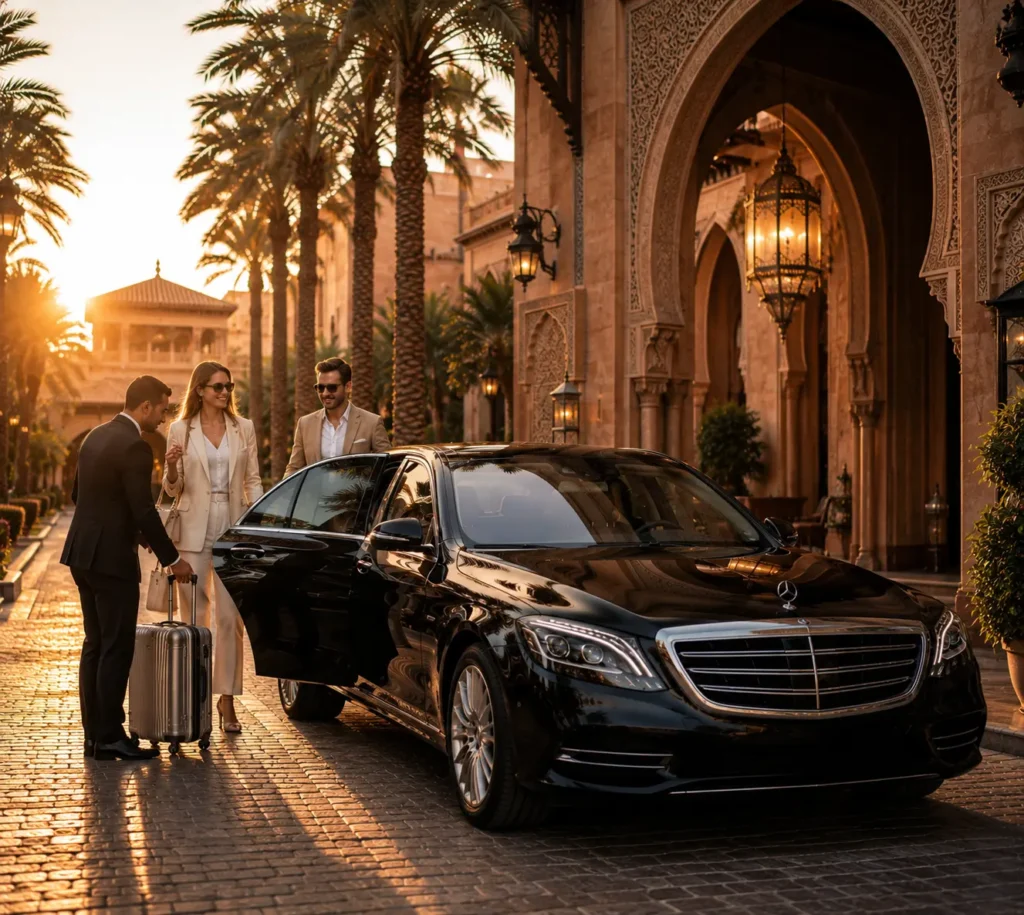 Marrakech Airport to Royal Mansour Transfer | Luxury Private Chauffeur Service Luxury Mercedes chauffeur arriving at Royal Mansour Marrakech hotel