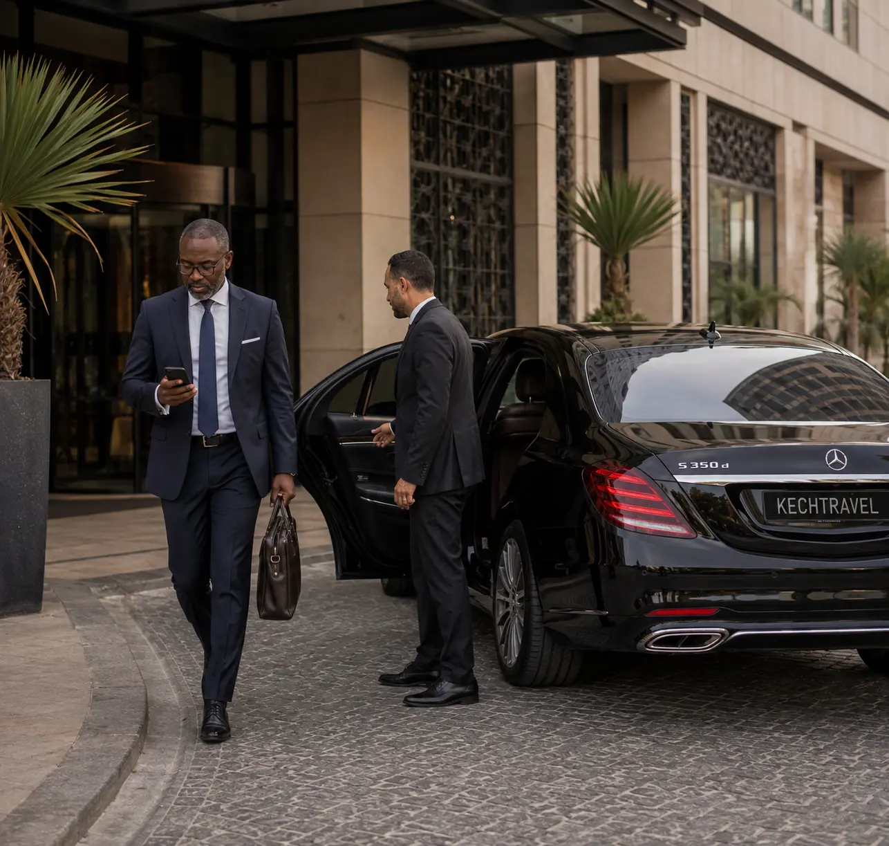 Business executive leaving Casablanca hotel with private chauffeur