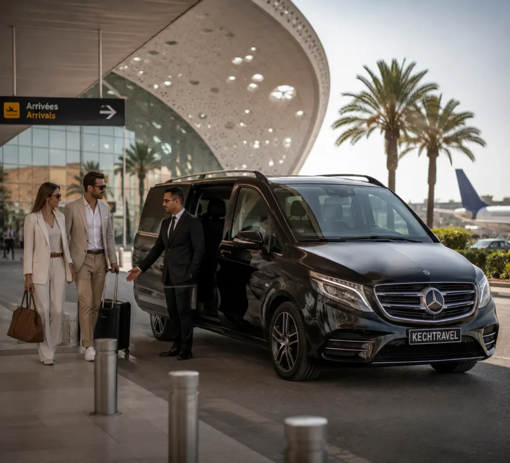 Marrakech Airport to Royal Mansour Transfer | Luxury Private Chauffeur Service VIP chauffeur welcoming guests at Marrakech Menara Airport